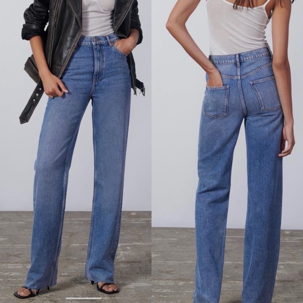 ZARA 90s Full Length Denim Jeans High Rise Medium Wash Raw Hem Straight Size 8